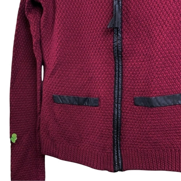 Tahari Merino Wool Knit Faux Leather Tassel Cardigan Sweater Red Black Size XS - Picture 4 of 7